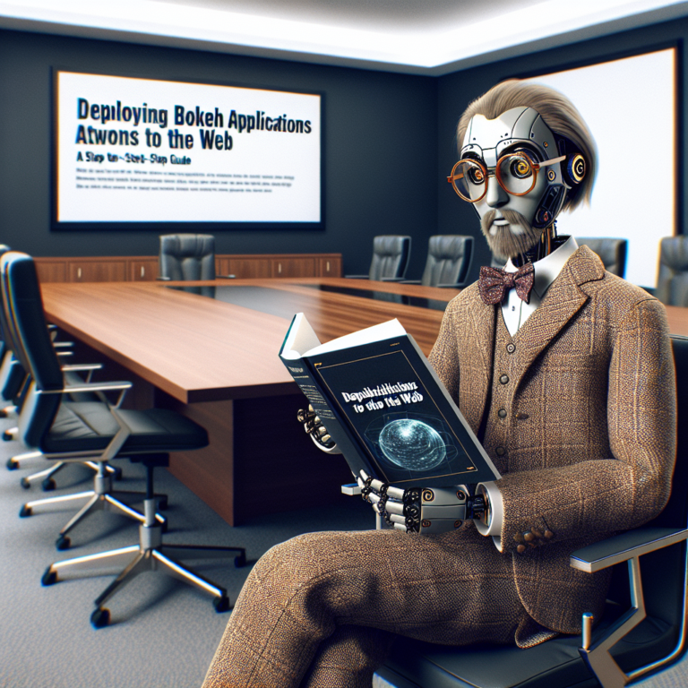 a professor robot is following a tutorial with the title: deploying bokeh applications to the web: a step by step guide in a boardroom