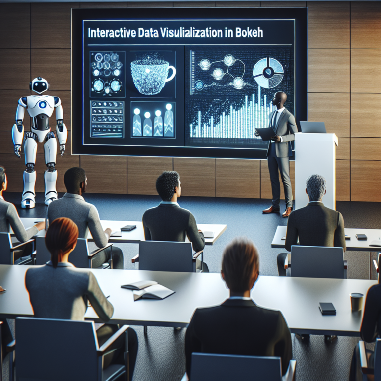 a professor robot is presenting a tutorial with the title: interactive data visualization: adding widgets and tools in bokeh in a conference room