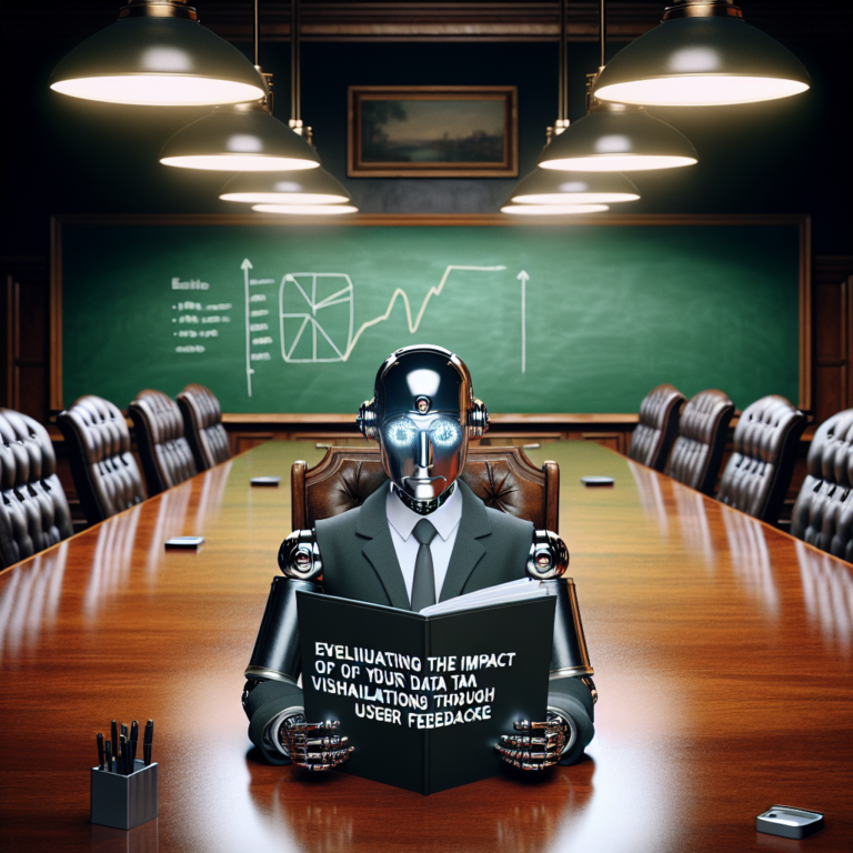 a professor robot is reading a tutorial with the title: evaluating the impact of your data visualizations through user feedback in a boardroom