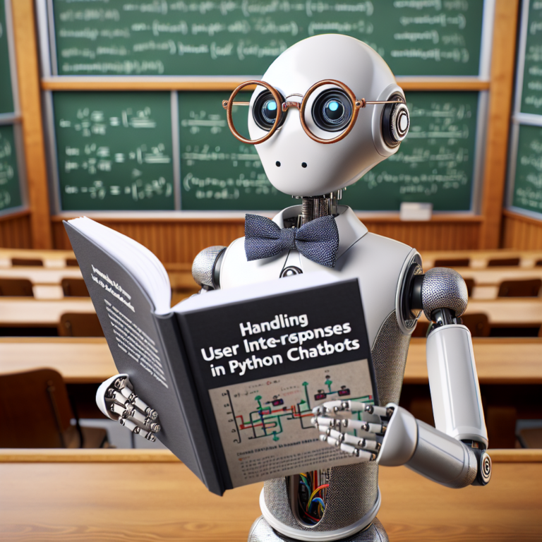 a professor robot is reading a tutorial with the title: handling user input and responses in python chatbots in a lecture hall