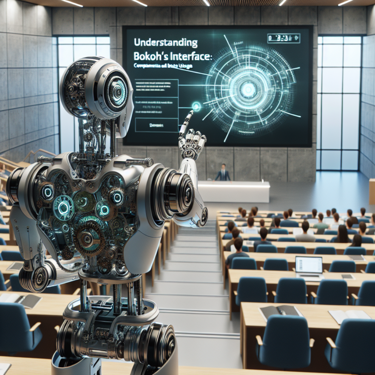 a professor robot is teaching a tutorial with the title: understanding bokeh's interface: components and basic usage in a lecture hall