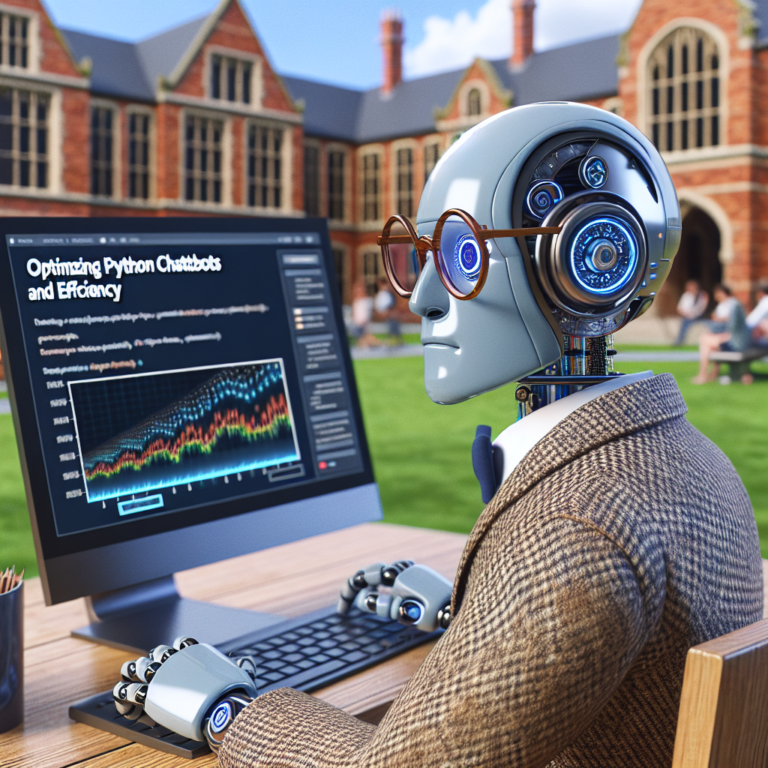 a professor robot is watching a tutorial with the title: optimizing python chatbots for speed and efficiency in a campus