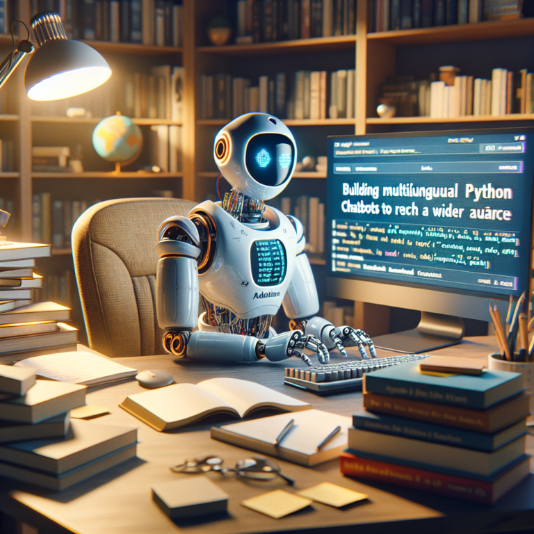 a student robot is developing a tutorial with the title: building multilingual python chatbots to reach a wider audience in a study room