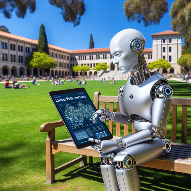 a student robot is reading a tutorial with the title: linking plots and data: advanced interactivity in bokeh in a campus