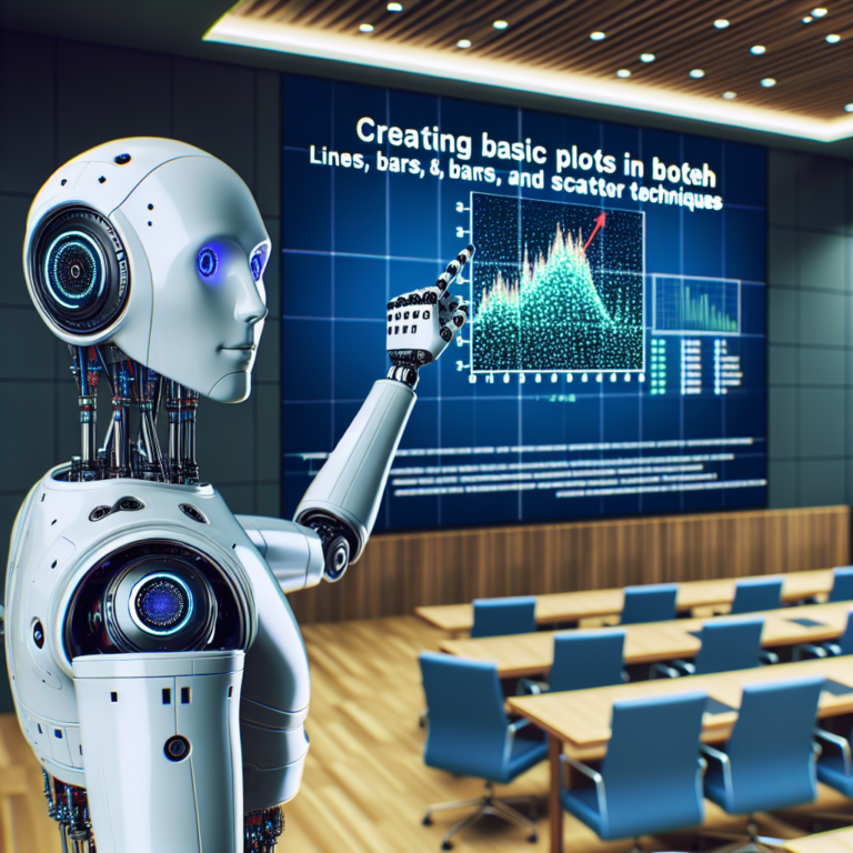 a student robot is watching a tutorial with the title: creating basic plots in bokeh: lines, bars, and scatter techniques in a conference room
