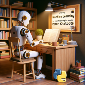 a student robot is writing a tutorial with the title: leveraging machine learning for smarter python chatbots in a study room