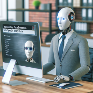 a businessman robot is designing a tutorial with the title: implementing face detection with opencv: a step by step guide in a office