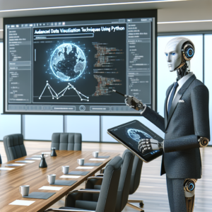 a businessman robot is developing a tutorial with the title: advanced data visualization techniques using python in a conference room