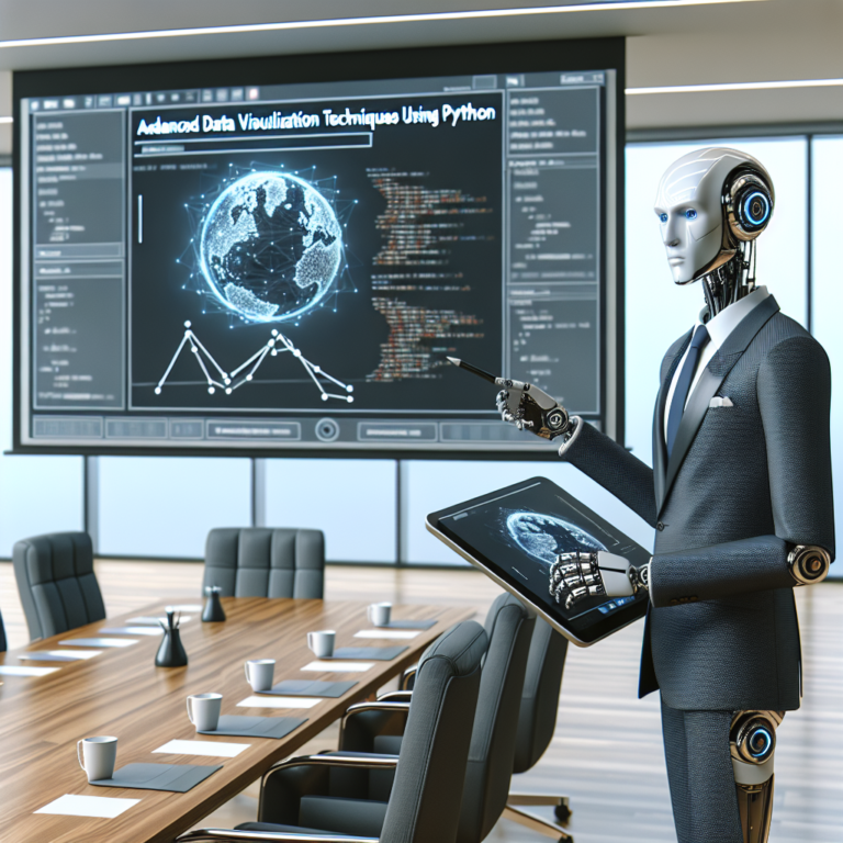 a businessman robot is developing a tutorial with the title: advanced data visualization techniques using python in a conference room