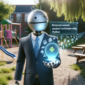 a businessman robot is developing a tutorial with the title: advanced network analysis techniques using python in a schoolyard