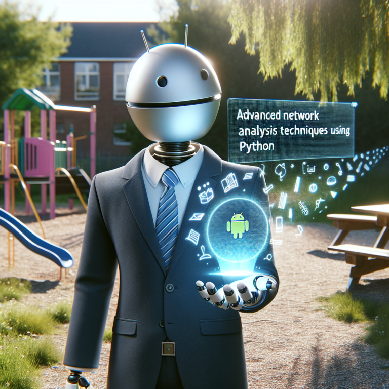 a businessman robot is developing a tutorial with the title: advanced network analysis techniques using python in a schoolyard