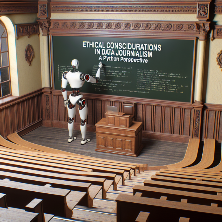 a businessman robot is developing a tutorial with the title: ethical considerations in data journalism: a python perspective in a lecture hall