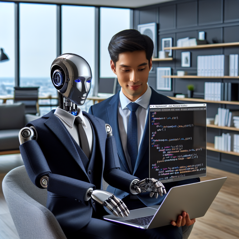 a businessman robot is developing a tutorial with the title: feature detection and matching in images using opencv in a office