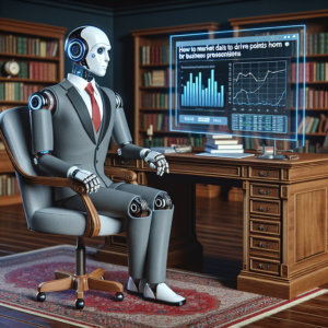 a businessman robot is following a tutorial with the title: how to use market data to drive points home in business presentations in a study room