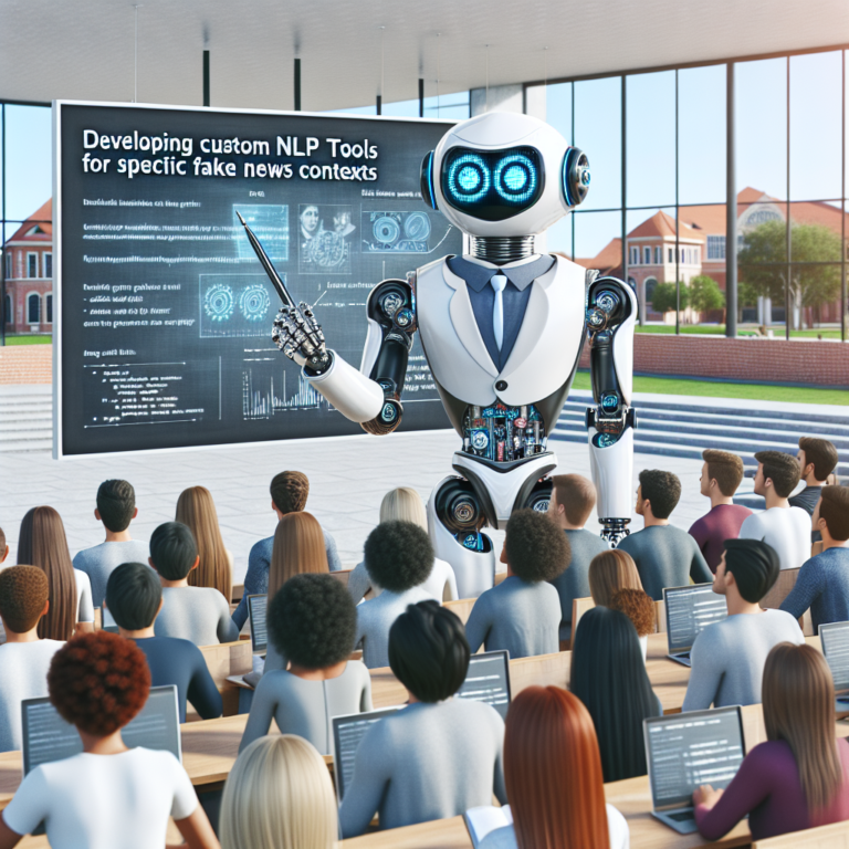 a businessman robot is implementing a tutorial with the title: developing custom nlp tools for specific fake news contexts in a campus