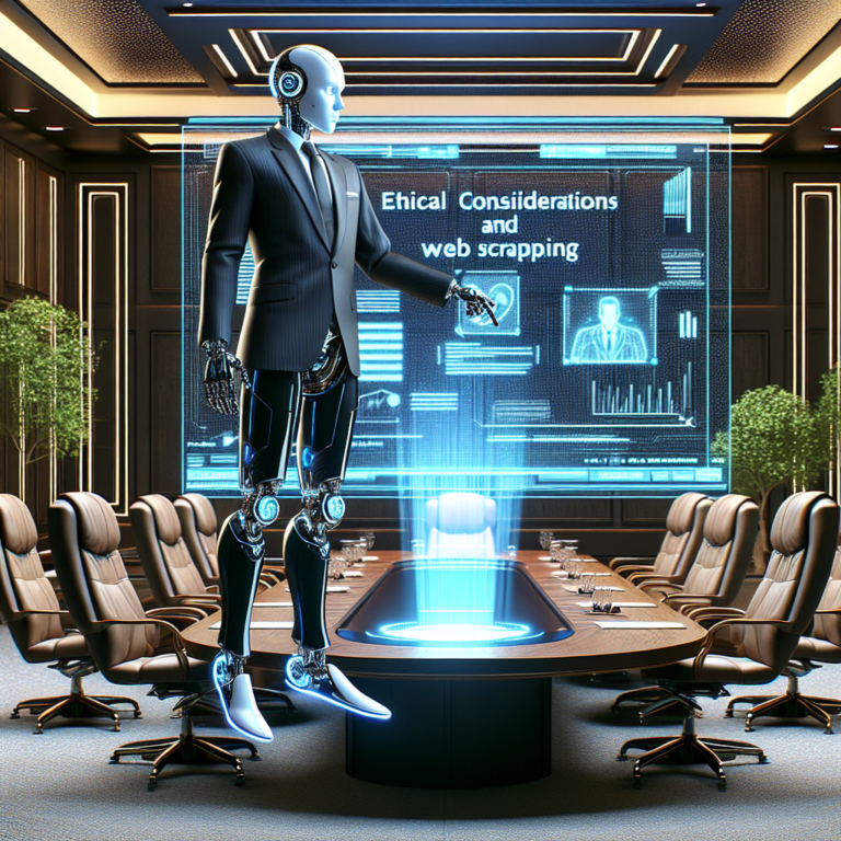 a businessman robot is implementing a tutorial with the title: ethical considerations and legalities in web scraping in a boardroom
