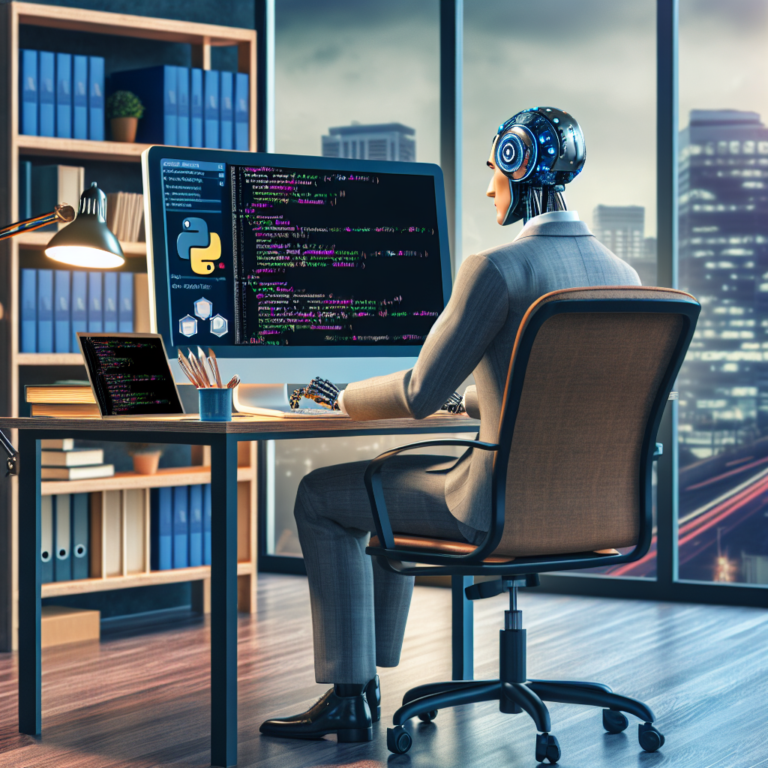 a businessman robot is implementing a tutorial with the title: handling big data in python with dask for scientific applications in a office