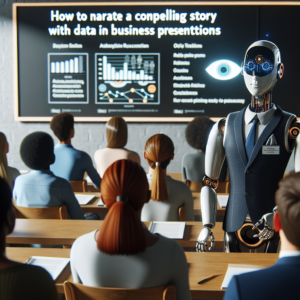 a businessman robot is implementing a tutorial with the title: how to narrate a compelling story with data in business presentations in a class