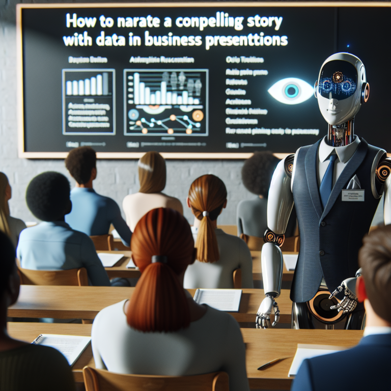 a businessman robot is implementing a tutorial with the title: how to narrate a compelling story with data in business presentations in a class