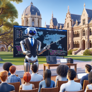 a businessman robot is implementing a tutorial with the title: introduction to network analysis with python for beginners in a campus