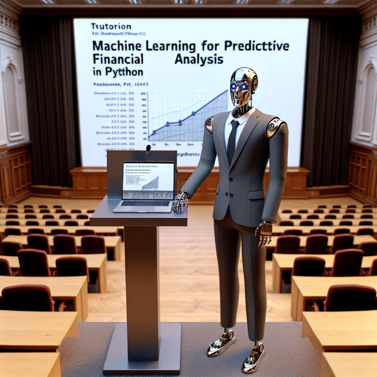 a businessman robot is implementing a tutorial with the title: machine learning for predictive financial analysis in python in a lecture hall
