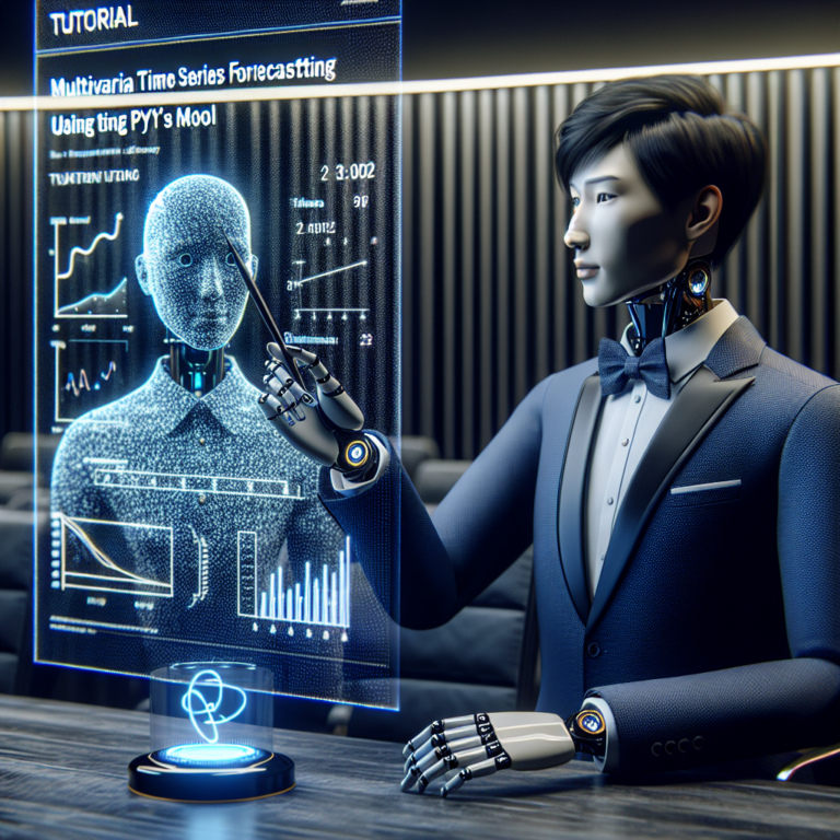 a businessman robot is implementing a tutorial with the title: multivariate time series forecasting using python's var model in a boardroom