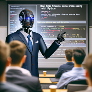 a businessman robot is implementing a tutorial with the title: real time financial data processing with python in a class