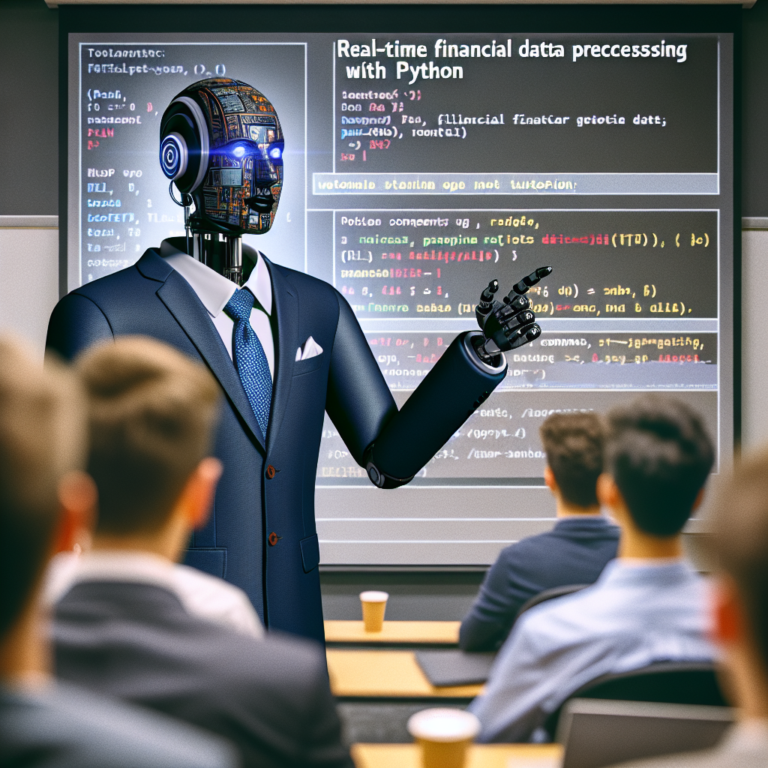 a businessman robot is implementing a tutorial with the title: real time financial data processing with python in a class