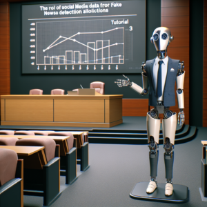 a businessman robot is implementing a tutorial with the title: the role of social media data in fake news detection algorithms in a lecture hall