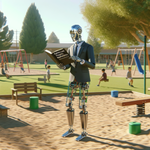 a businessman robot is reading a tutorial with the title: advanced stacking methods: improve your model's performance in a schoolyard