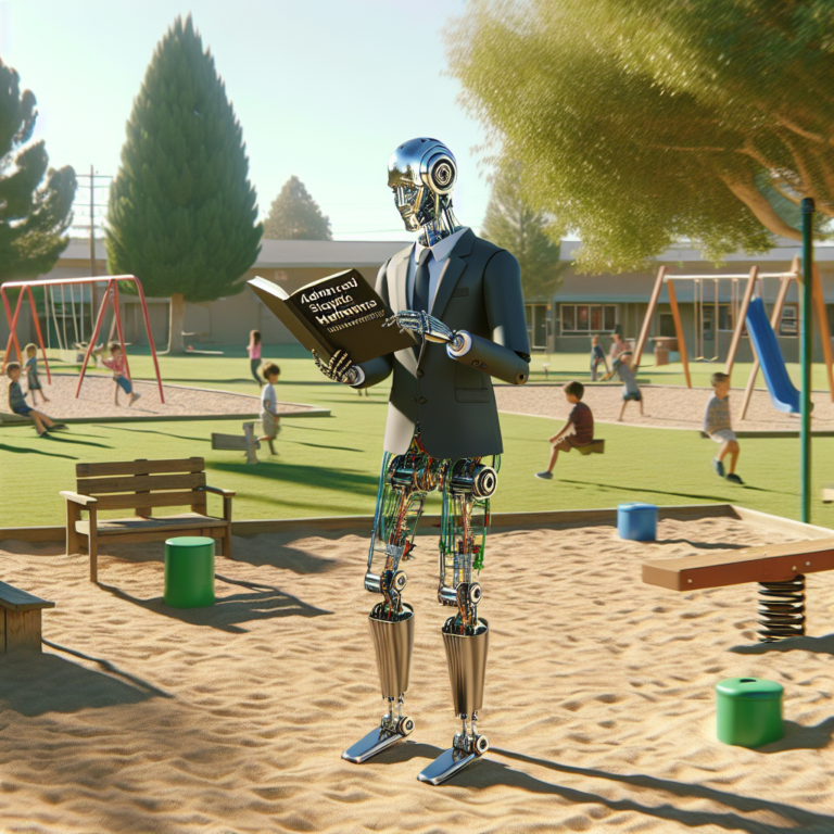 a businessman robot is reading a tutorial with the title: advanced stacking methods: improve your model's performance in a schoolyard