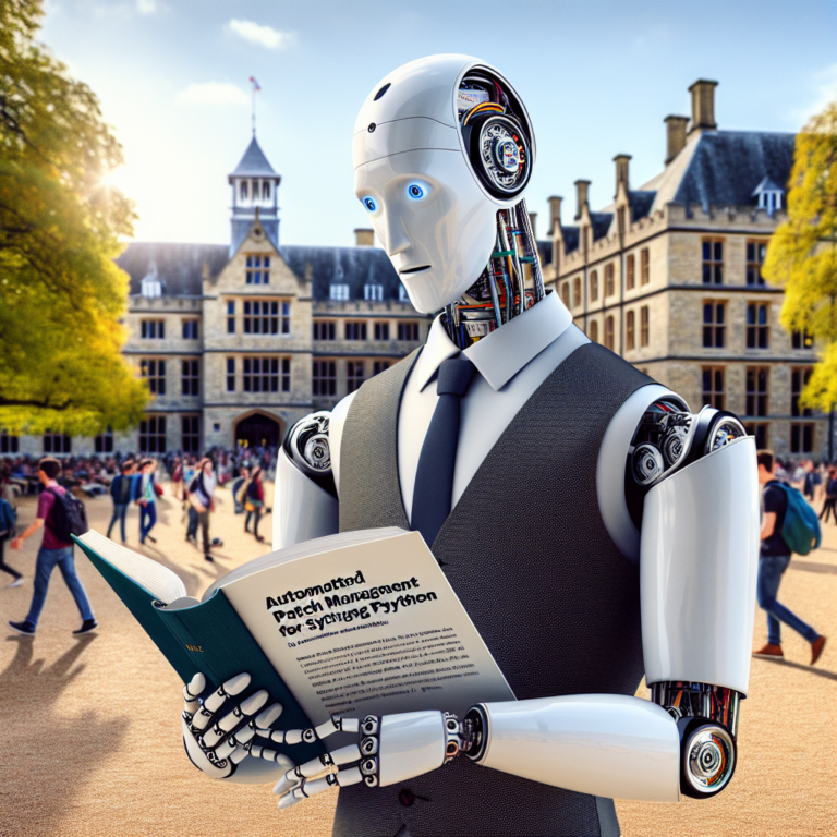 a businessman robot is reading a tutorial with the title: automated patch management for systems using python in a campus