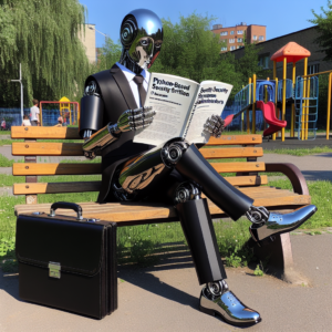 a businessman robot is reading a tutorial with the title: python based security scripting for system administrators in a schoolyard