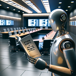 a businessman robot is reading a tutorial with the title: python scripts for efficient log management: best practices in a conference room
