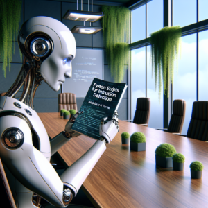 a businessman robot is reading a tutorial with the title: python scripts for intrusion detection: a step by step tutorial in a conference room