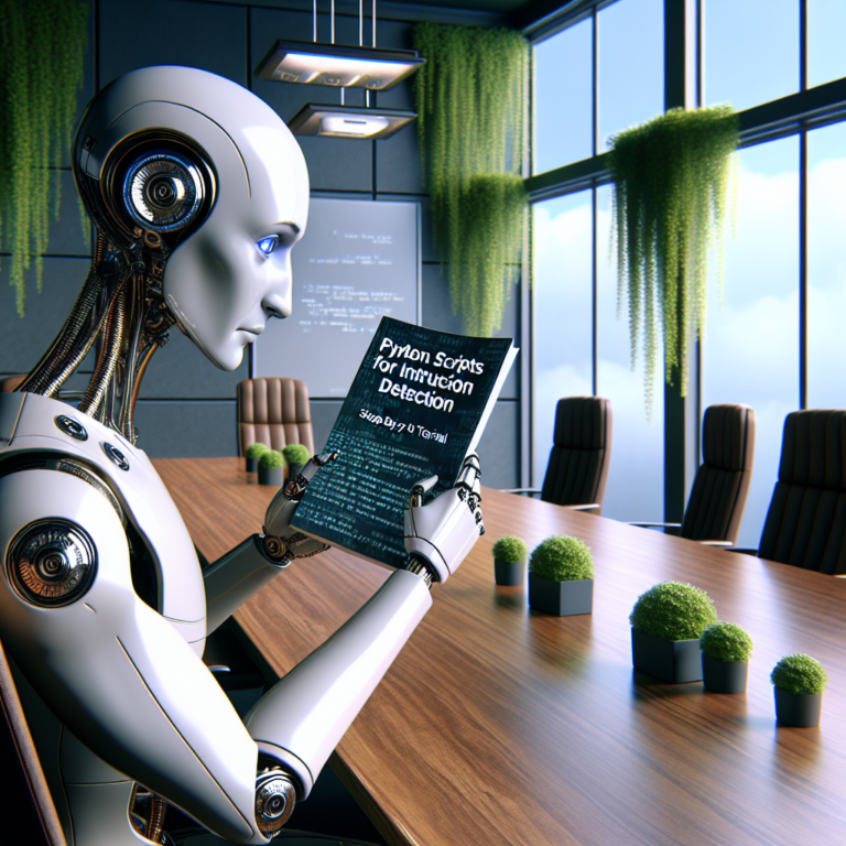 a businessman robot is reading a tutorial with the title: python scripts for intrusion detection: a step by step tutorial in a conference room