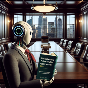 a businessman robot is reading a tutorial with the title: understanding python's role in cybersecurity: an introductory guide in a boardroom