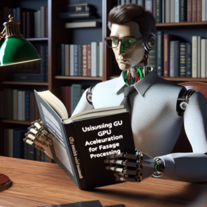 a businessman robot is reading a tutorial with the title: utilizing gpu acceleration in opencv for faster image processing in a study room