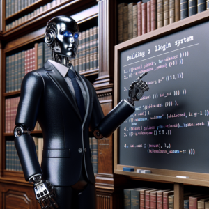 a businessman robot is teaching a tutorial with the title: building a secure login system with python: step by step tutorial in a library