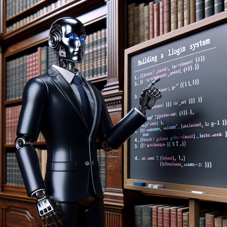 a businessman robot is teaching a tutorial with the title: building a secure login system with python: step by step tutorial in a library