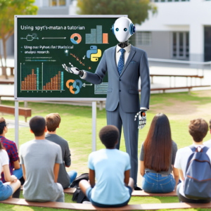 a businessman robot is teaching a tutorial with the title: using python's statsmodels for statistical analysis in research in a schoolyard