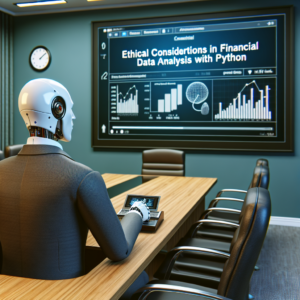 a businessman robot is watching a tutorial with the title: ethical considerations in financial data analysis with python in a conference room
