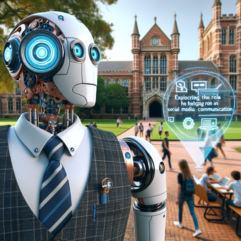 a businessman robot is watching a tutorial with the title: exploring the role of hashtags in social media communication in a campus