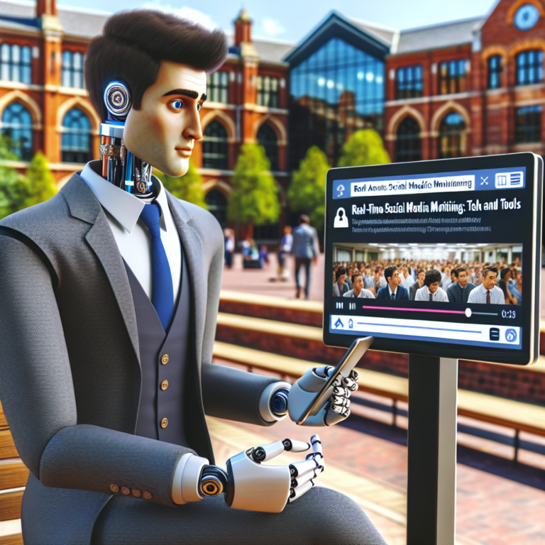 a businessman robot is watching a tutorial with the title: real time social media monitoring: techniques and tools in a campus
