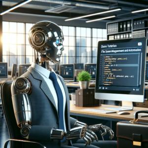 a businessman robot is watching a tutorial with the title: using python for file system management and automation in a office