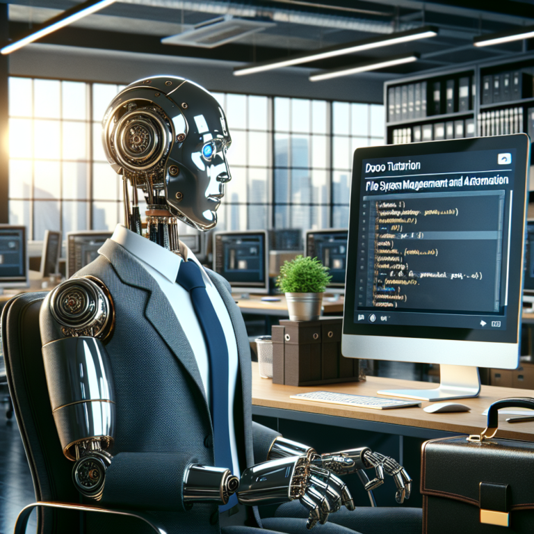 a businessman robot is watching a tutorial with the title: using python for file system management and automation in a office