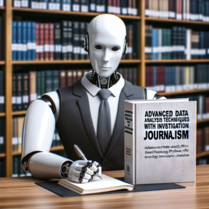 a businessman robot is writing a tutorial with the title: advanced data analysis techniques with python for investigative journalism in a library