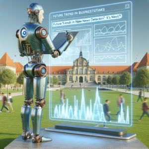 a businessman robot is writing a tutorial with the title: future trends in nlp for fake news detection: what's next? in a campus