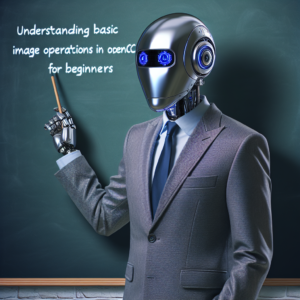 a businessman robot is writing a tutorial with the title: understanding basic image operations in opencv for beginners in a class