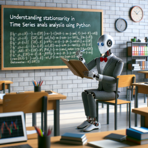 a businessman robot is writing a tutorial with the title: understanding stationarity in time series analysis using python in a class
